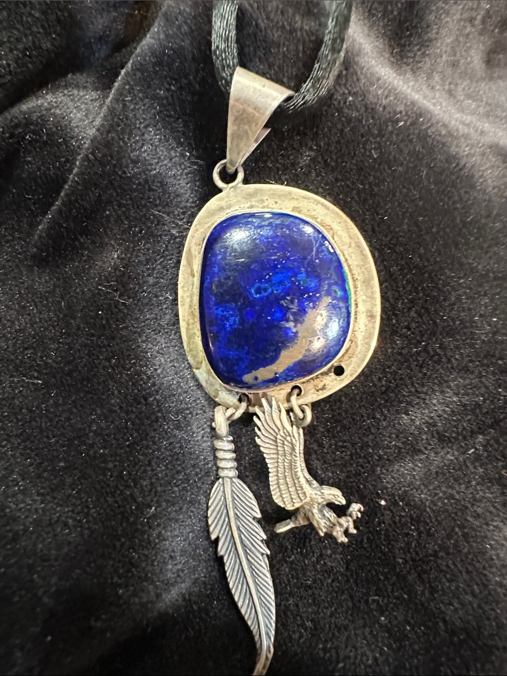 Silver-Tone Blue Stone Pendant Necklace with Feather & Eagle Charms